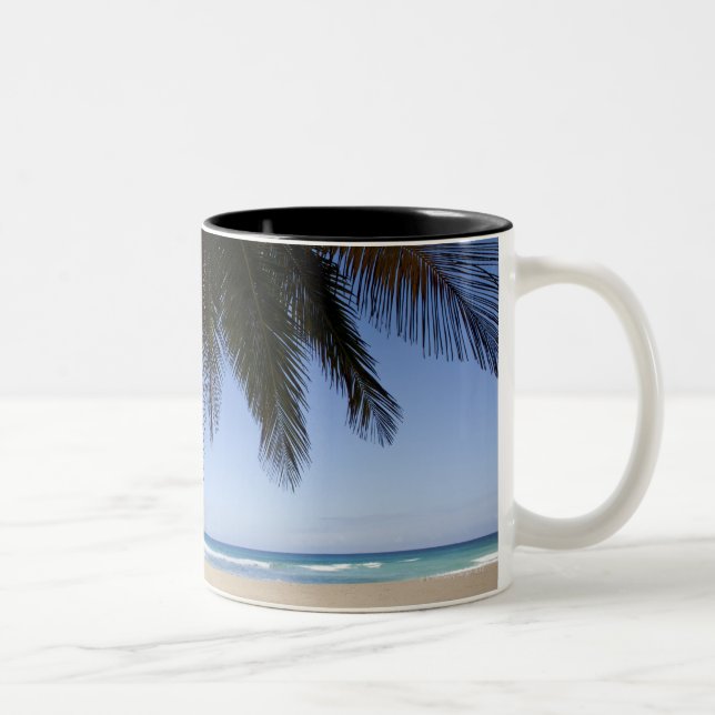 Palm tree along Caribbean Sea. Two-Tone Coffee Mug (Right)