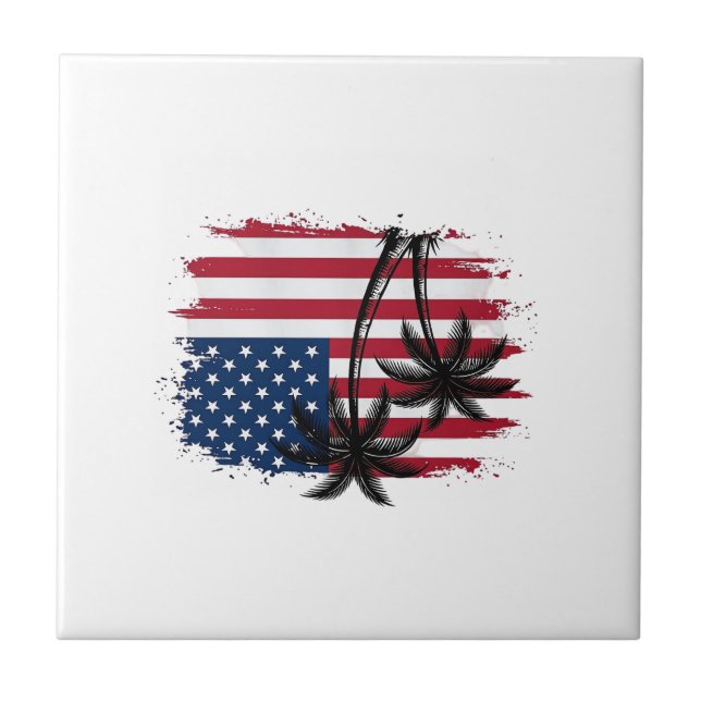 Palm Tree American Flag Patriotic Beach Vector Art Ceramic Tile (Front)