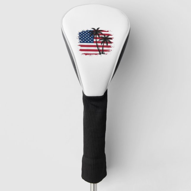 Palm Tree American Flag Patriotic Beach Vector Art Golf Head Cover (Front)