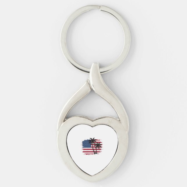 Palm Tree American Flag Patriotic Beach Vector Art Keychain (Front)