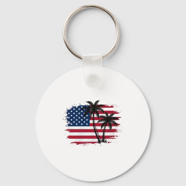 Palm Tree American Flag Patriotic Beach Vector Art Keychain (Front)