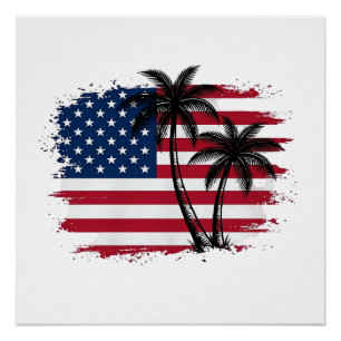 Palm Tree American Flag Patriotic Beach Vector Art Poster