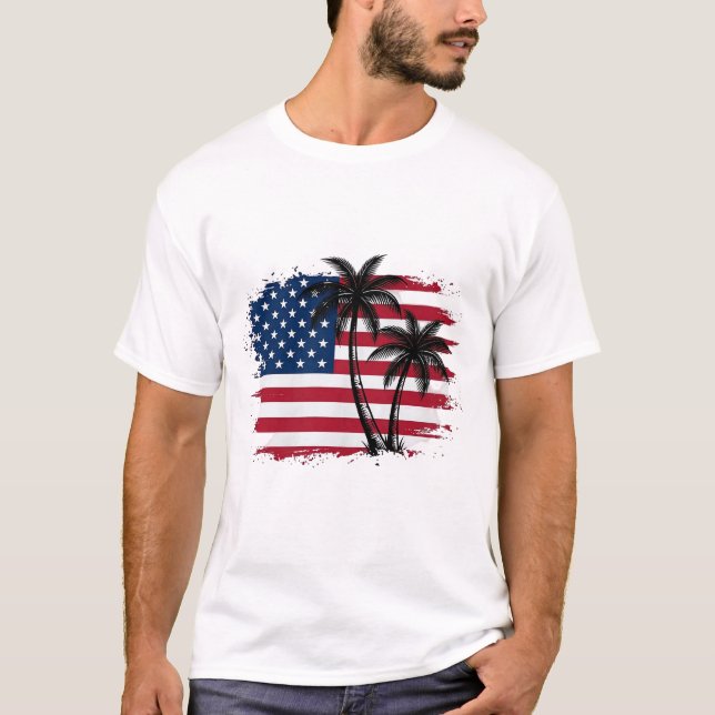 Palm Tree American Flag Patriotic Beach Vector Art T-Shirt (Front)