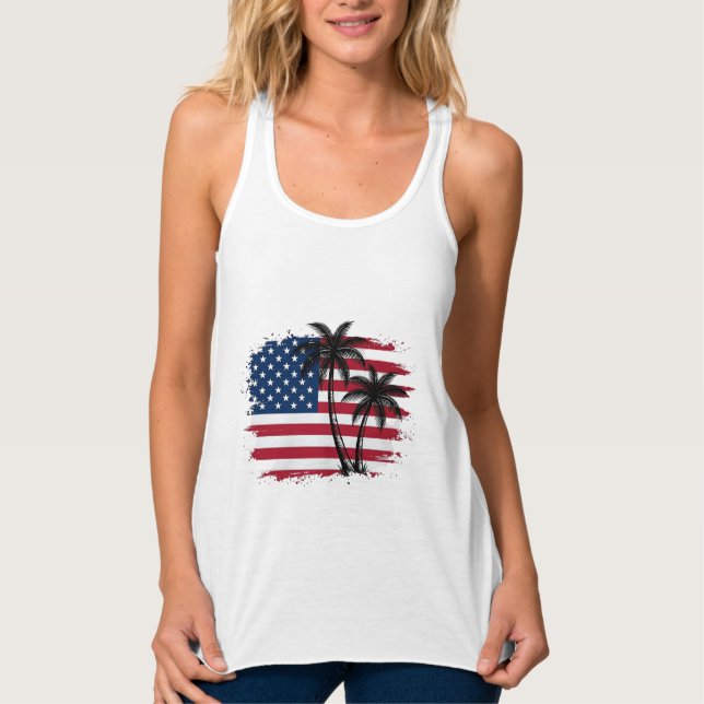 Palm Tree American Flag Patriotic Beach Vector Art Tank Top (Front)