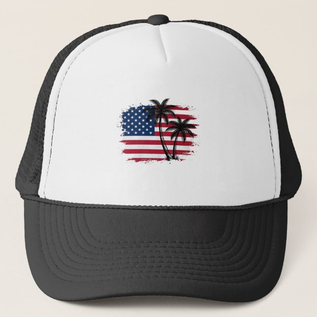 Palm Tree American Flag Patriotic Beach Vector Art Trucker Hat (Front)