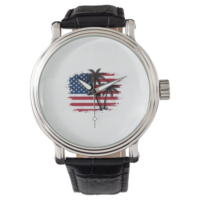 Palm Tree American Flag Patriotic Beach Vector Art Watch (Front)