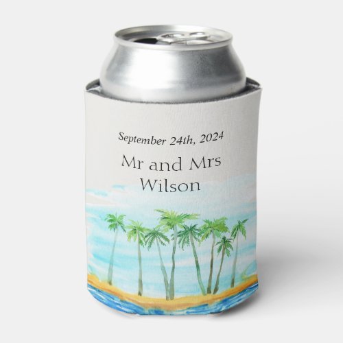 Palm Tree and Beach Wedding Can Cooler