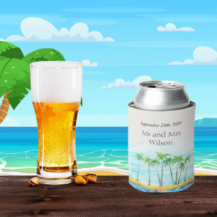 Palm Tree and Beach Wedding Can Cooler