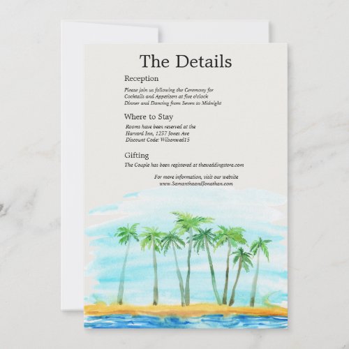 Palm Tree and Beach Wedding Information Card