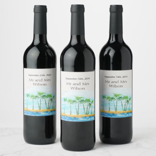 Palm Tree and Beach Wedding Wine Labels