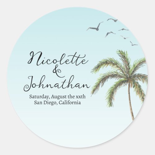 Palm Tree and Birds Simple Beach Wedding Classic Round Sticker