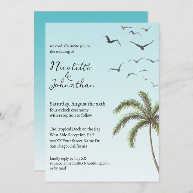 Palm Tree and Birds Simple Beach Wedding Invitation (Front/Back)