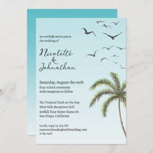 Palm Tree and Birds Simple Beach Wedding Invitation