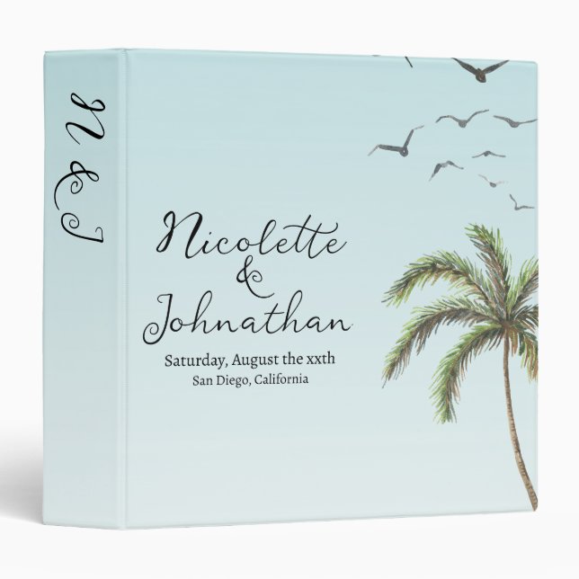 Palm Tree and Birds Simple Beach Wedding Keepsake 3 Ring Binder (Front/Spine)