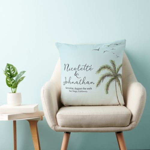 Palm Tree and Birds Simple Beach Wedding Keepsake Throw Pillow