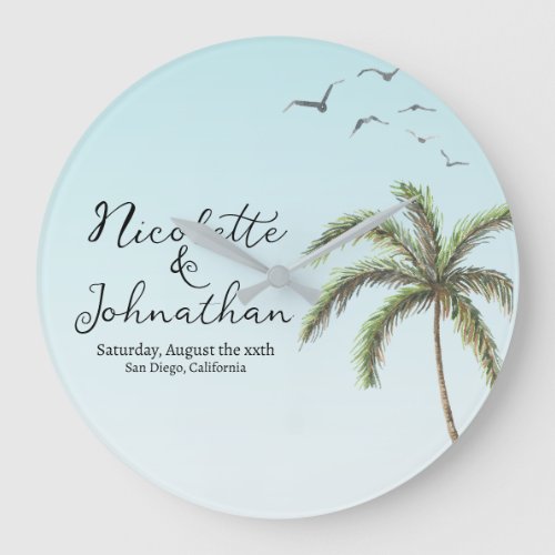 Palm Tree and Birds Simple Beach Wedding Large Clock