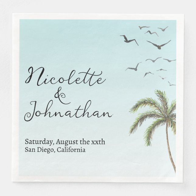 Palm Tree and Birds Simple Beach Wedding Paper Dinner Napkins (Front)