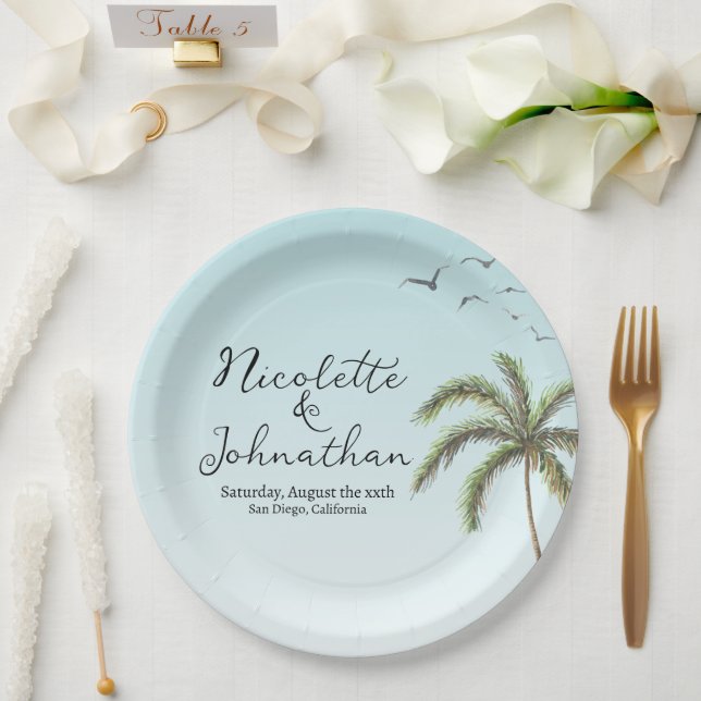 Palm Tree and Birds Simple Beach Wedding Paper Plates (Wedding)