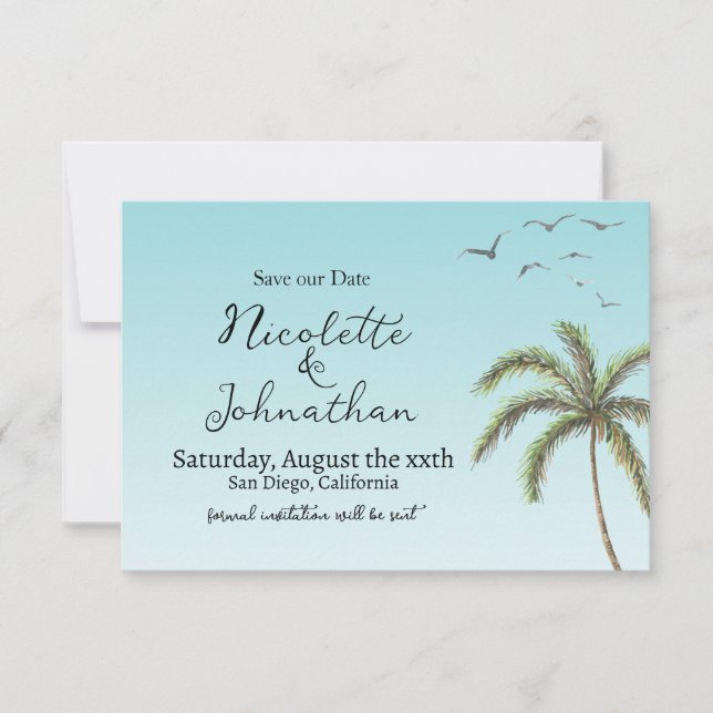 Palm Tree and Birds Simple Beach Wedding Save The Date (Front)
