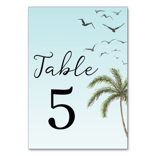 Palm Tree and Birds Simple Beach Wedding Table Number