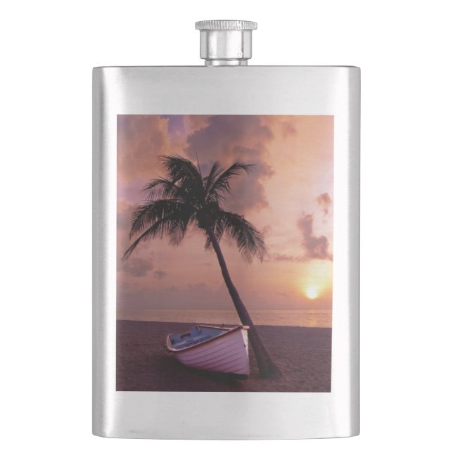 Palm Tree and Boat Beach Sunset Flask (Front)