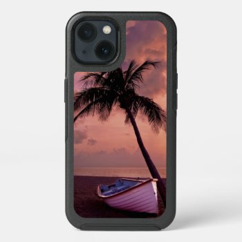 Palm Tree And Boat Beach Sunset Iphone 13 Case by beachcafe at Zazzle