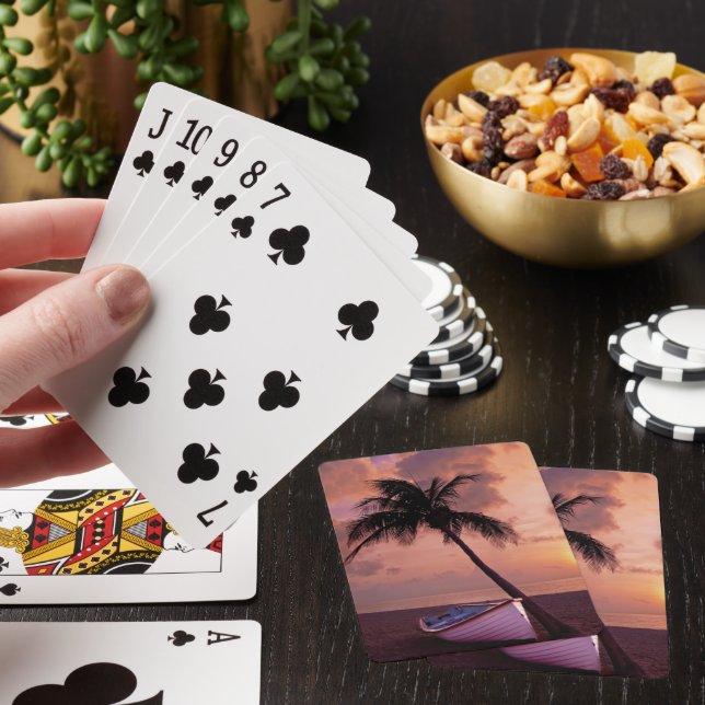 Palm Tree and Boat Beach Sunset Poker Cards (In Situ)