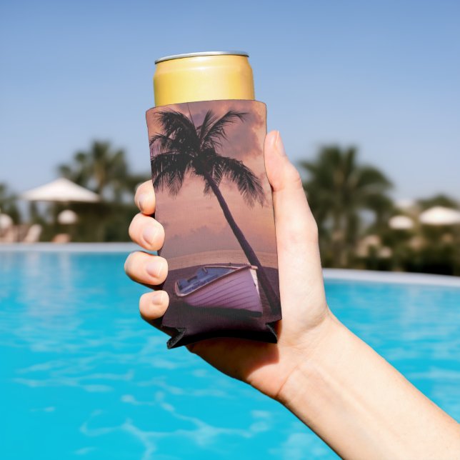 Palm Tree and Boat Beach Sunset Seltzer Can Cooler (In Situ Pool)