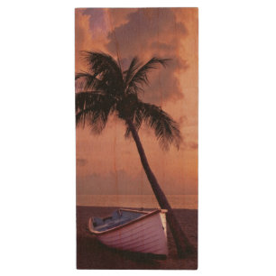 Palm Tree and Boat Beach Sunset Wood Flash Drive