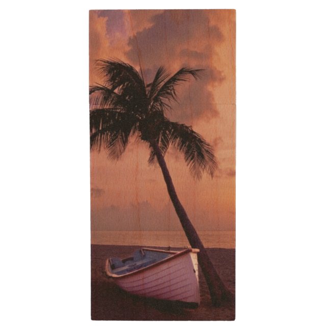Palm Tree and Boat Beach Sunset Wood Flash Drive (Front Vertical)