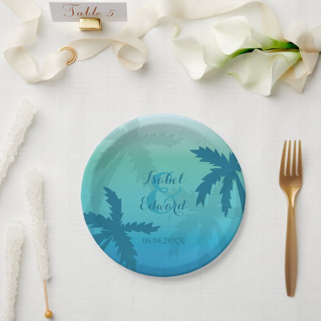 Palm Tree And Custom Couple Names Tropical Wedding Paper Plates (Wedding)