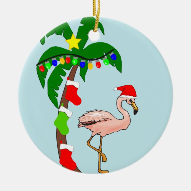 Palm Tree and Flamingos Tropical Christmas Ceramic Ornament (Front)