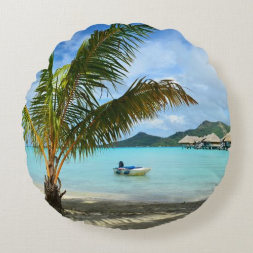 Palm tree and overwater resort round pillow