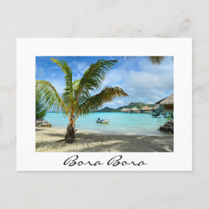 Palm tree and overwater resort white postcard