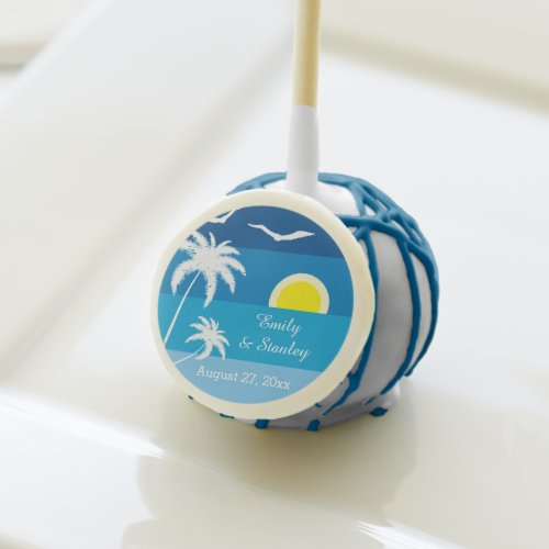 Palm tree and seagulls tropical beach wedding cake pops