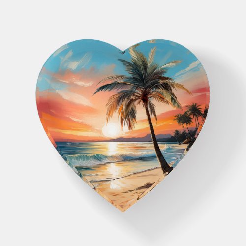 Palm Tree And Sunset Tropical Beach Painted Art Paperweight