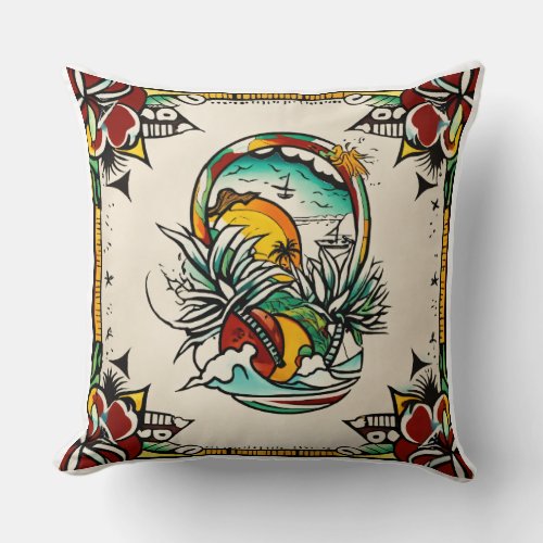 Palm Tree and Waves Design Throw Pillow