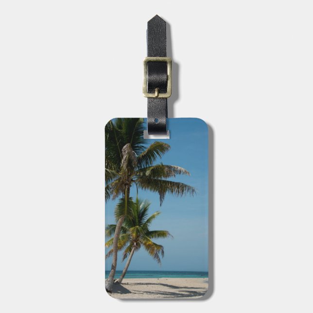 Palm tree and white sand beach luggage tag (Front Vertical)