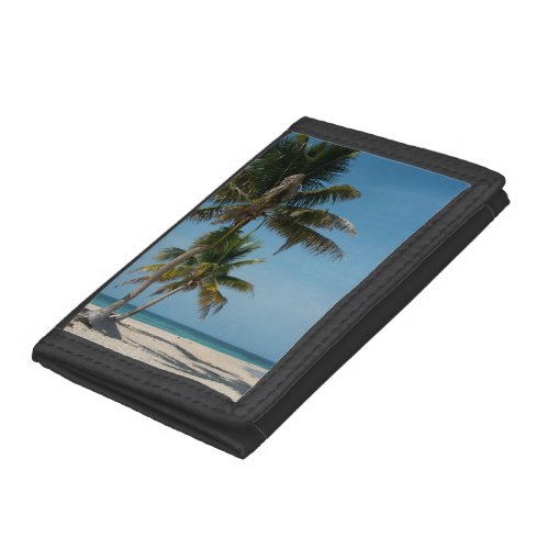 Palm tree and white sand beach trifold wallet