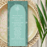 Palm Tree Aqua Beach Wedding Menu<br><div class="desc">White line art illustration of palm leaves pattern over aqua green background with white text and palm tree design over aqua arch with tan border.</div>