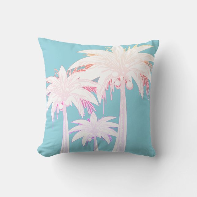 Palm Tree Aqua Blue Pink Watercolor Throw Pillow (Front)