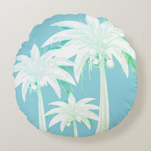 Palm Tree Aqua Blue Summer Green White Tropical Round Pillow