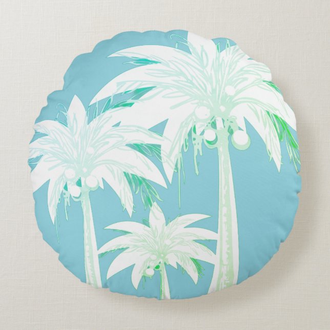 Palm Tree Aqua Blue Summer Green White Tropical Round Pillow (Front)