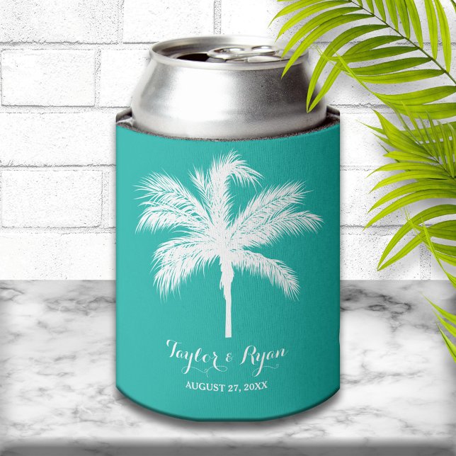 Palm Tree Aqua Wedding Favor Can Cooler (Creator Uploaded)