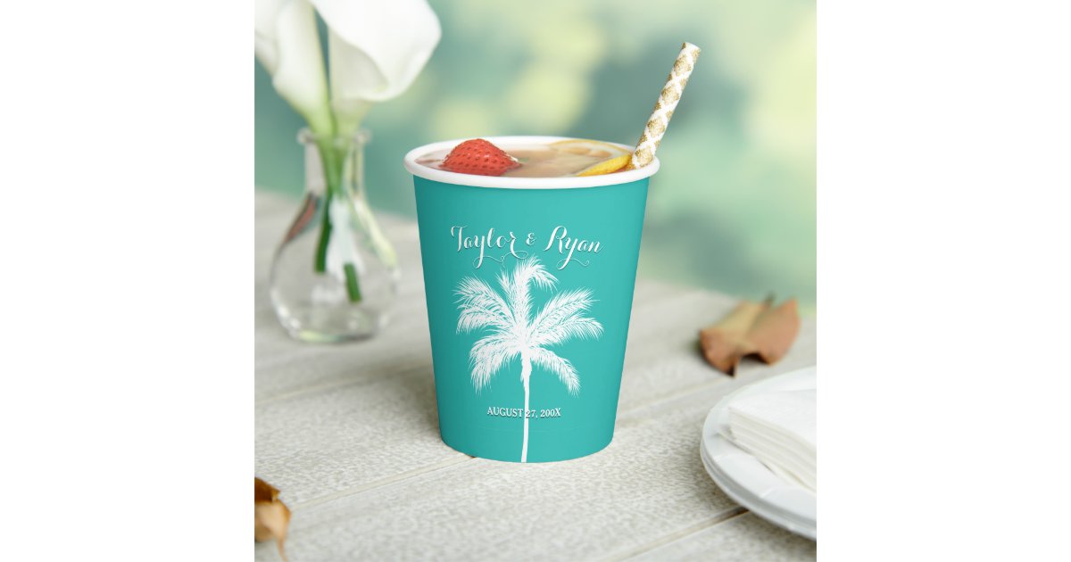 Palm Tree Aqua Wedding Paper Cups | Zazzle
