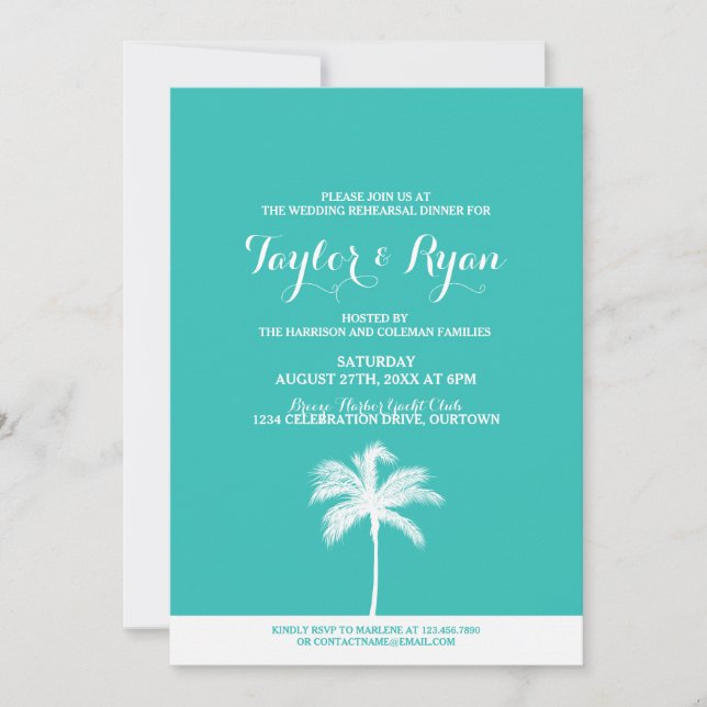 Palm Tree Aqua Wedding Rehearsal Dinner Invitation (Front)