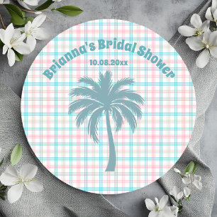 Palm Tree Azure Pink Checkered Bridal Shower Classic Round Sticker
