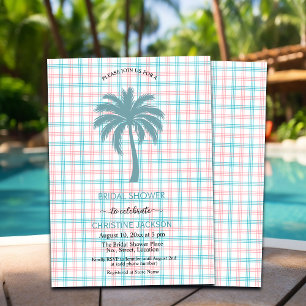 Palm Tree Azure Pink Checkered Bridal Shower Invitation