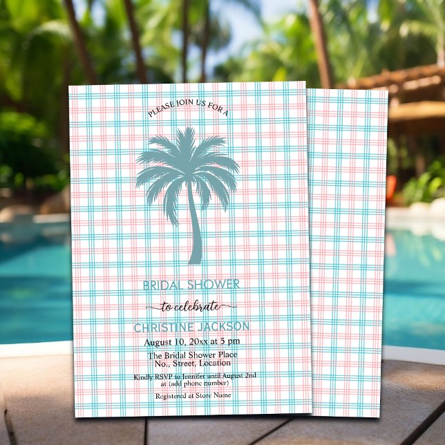 Palm Tree Azure Pink Checkered Bridal Shower Invitation (Creator Uploaded)