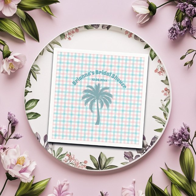 Palm Tree Azure Pink Checkered Bridal Shower Napkins (Creator Uploaded)